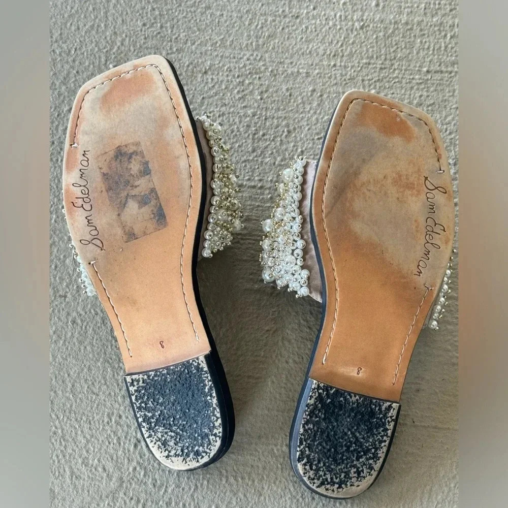 Sam Edelman Elijah Sandal Pearl Embellished Flat Pale Eggshell Slides Size 8 - Picture 8 of 11